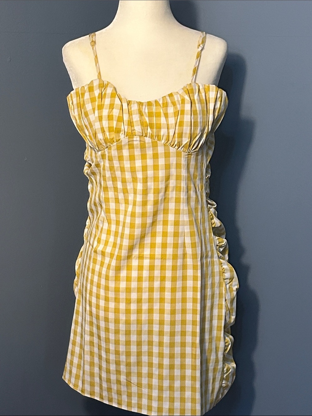 Yellow Gingham Spaghetti  adjustable Straps Sundress size small 2 medium